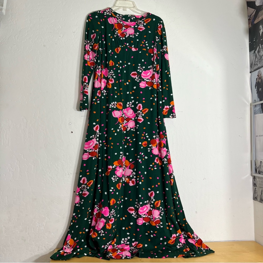 Vintage Leslie J Dress Size 9/10 Green Pink Floral Maxi Modest 70’s Mod Forest